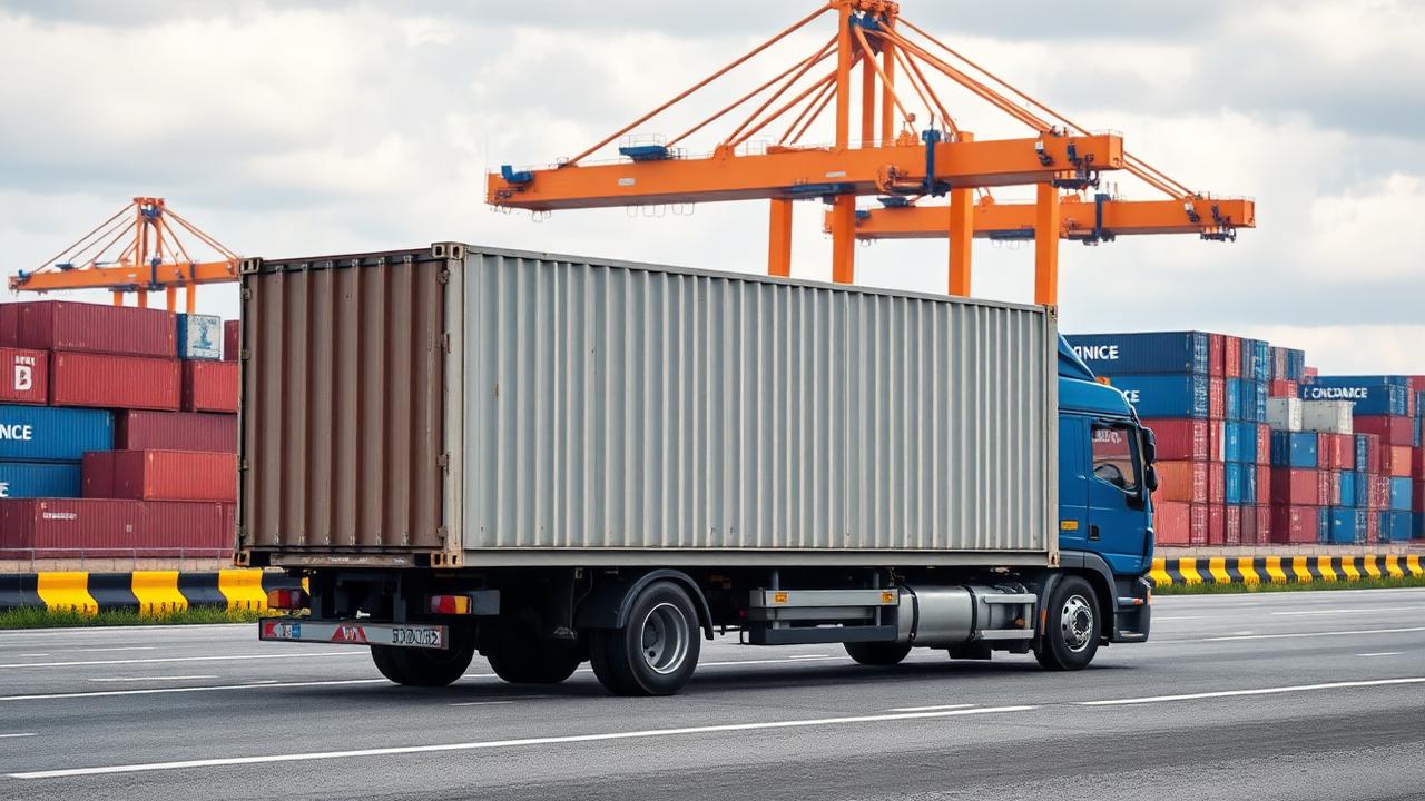 Caminhão transportando container em terminal portuário