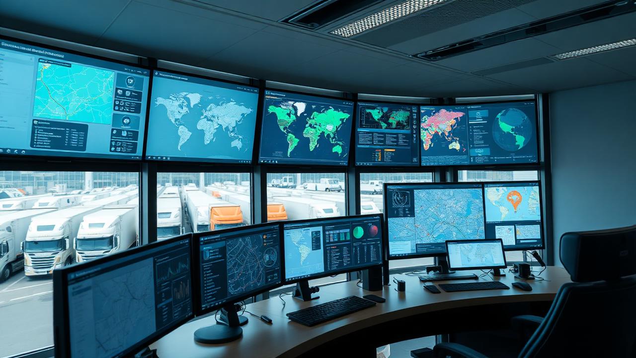 Sala de controle logístico com telas de monitoramento de frota