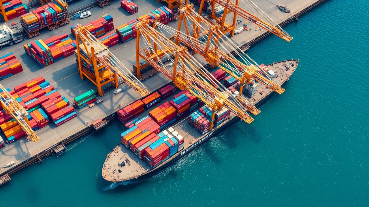 Vista aérea de porto com navio cargueiro e containers